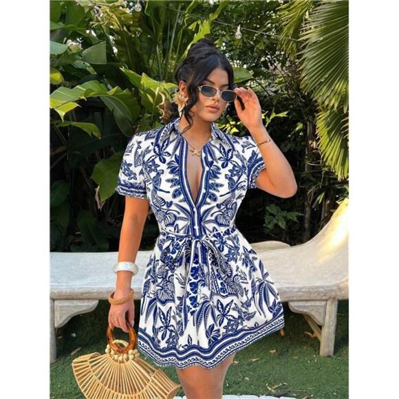 NEW - Vacation Casual Bohemian Tropical Print A-Line Mini Dress - Picture 3 of 7